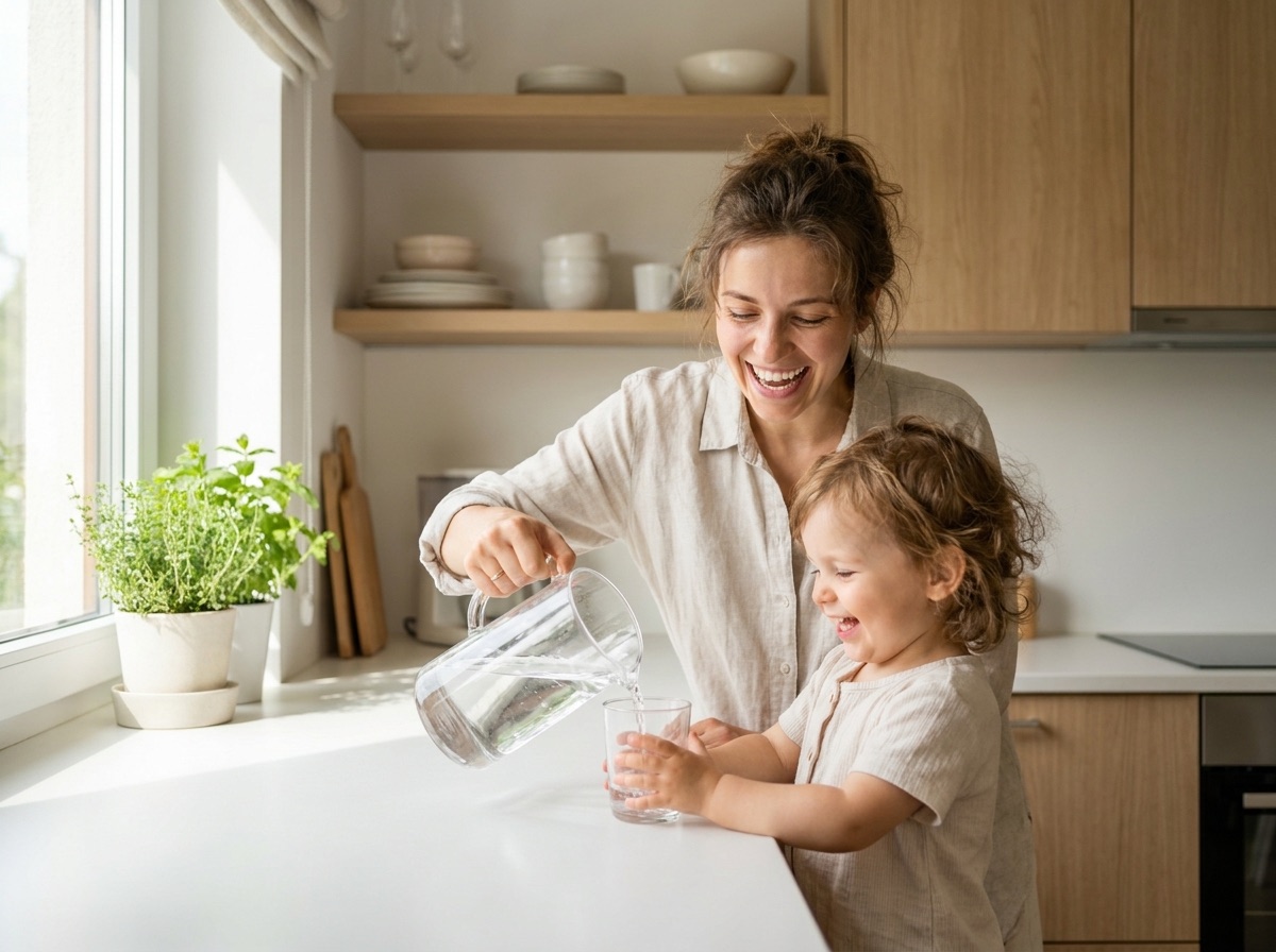 Mother pouring clean, filtered water for her child in a bright kitchen